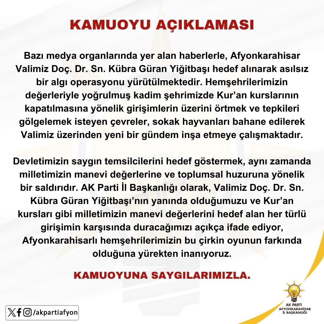 AK Parti İl Başkanlığı’ndan Vali Yiğitbaşı’na Destek Açıklaması