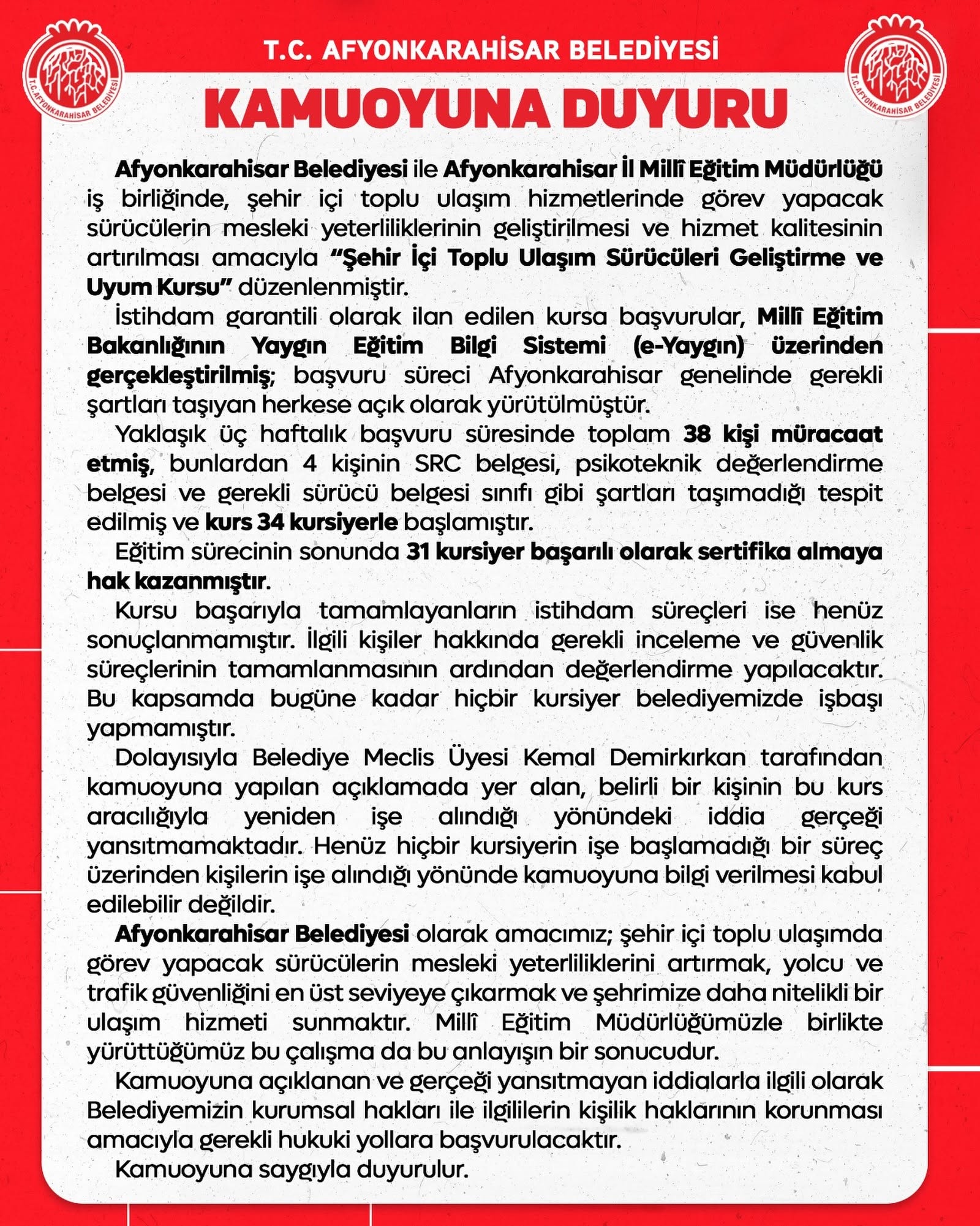 Afyonkarahisar Belediyesi'nden Yalanlama