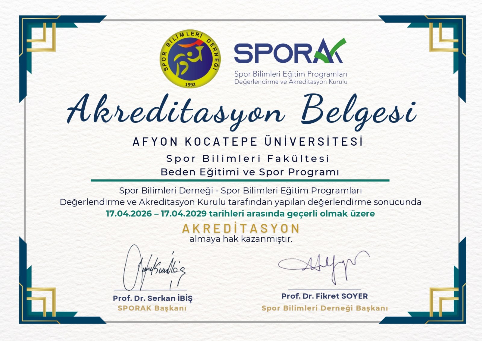 SBF Beden Eğitimi ve Spor Öğretmenliği Programına 3 Yıllık Akreditasyon